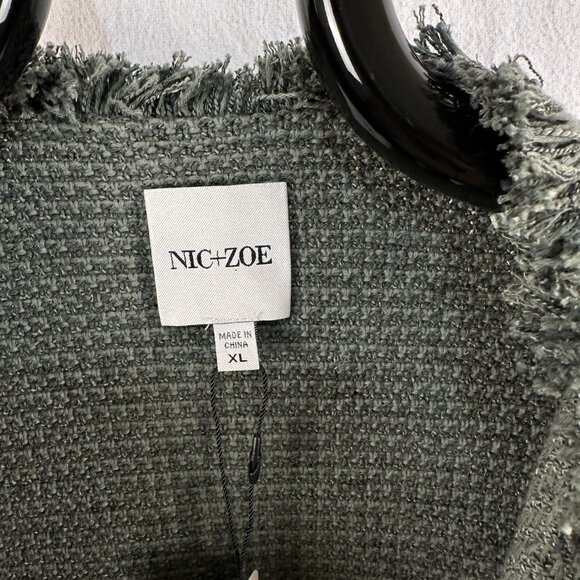 Nic and Zoe Womens XL Green Fringe Woven Jacket Open Front Zipper Pockets NWT - Picture 4 of 9